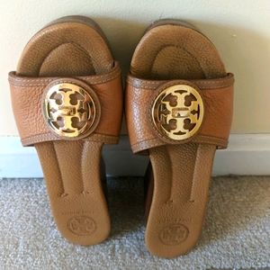 Tory Burch Wedge Slides in Royal Tan.